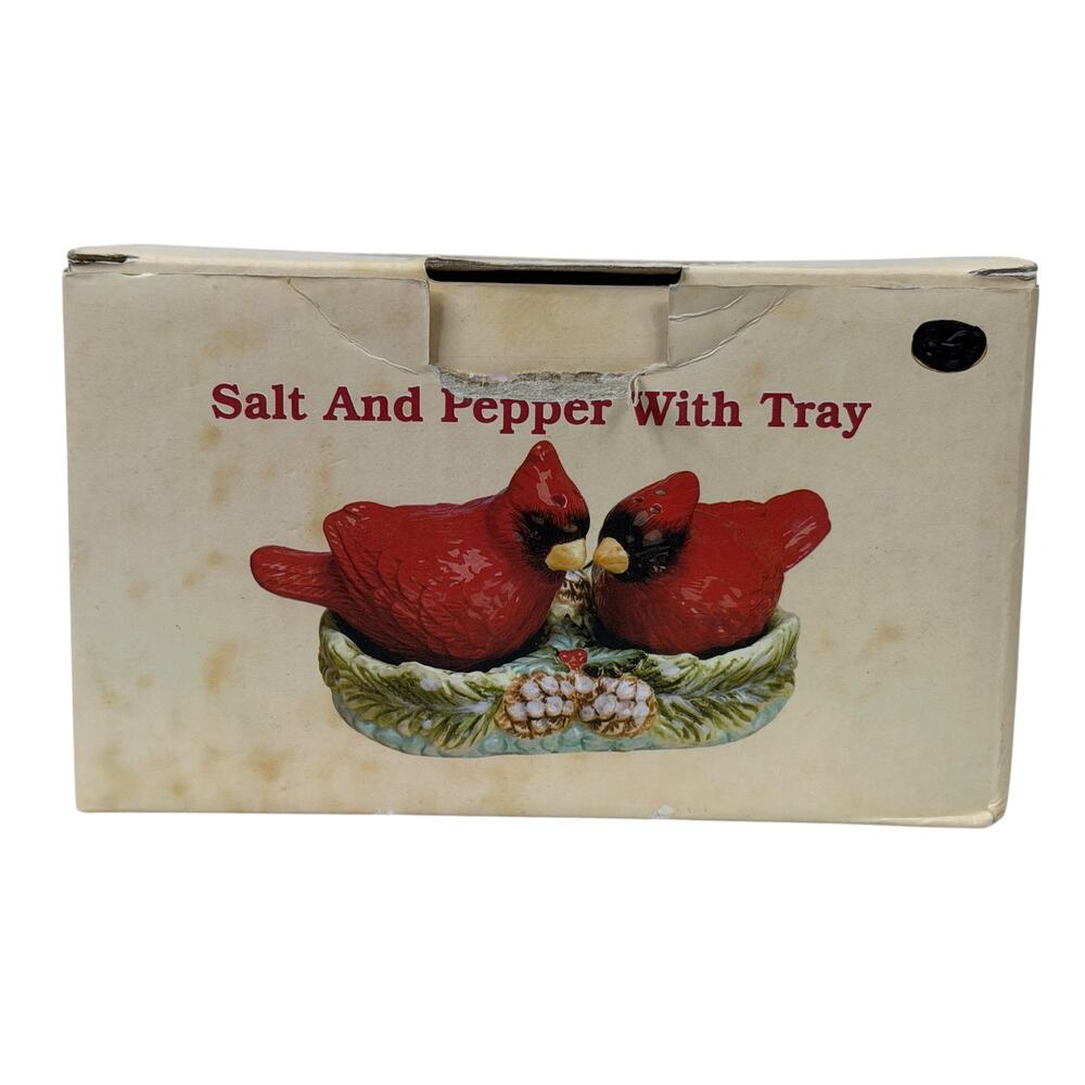 Cardinal Bird Salt & Pepper Set with Holly Tray by Old World Retired Christmas
